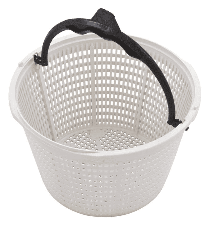 White plastic Waterway Renegade Basket Assembly with a black handle, featuring a perforated design for draining water.